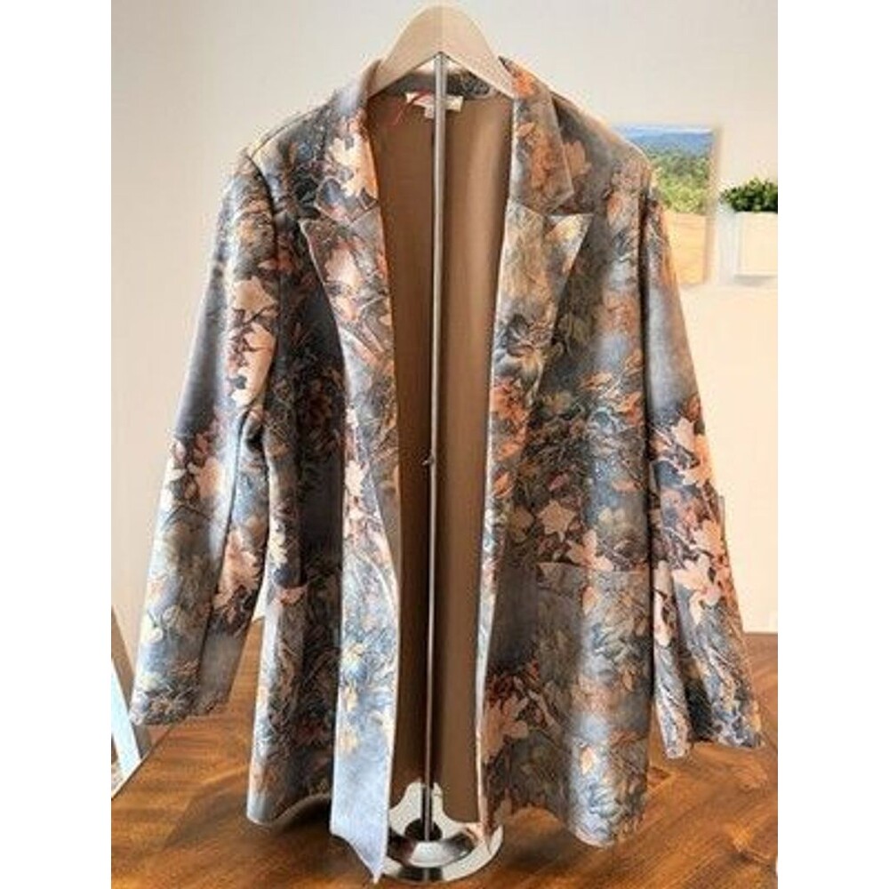 Solitaire Womens XL Floral Blazer Jacket Long Open Front Blue Orange Boho